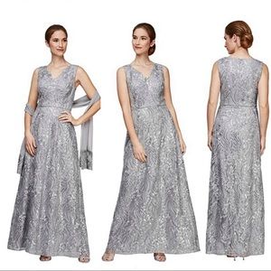 Alex Evenings Metallic Silver Gray Gown
